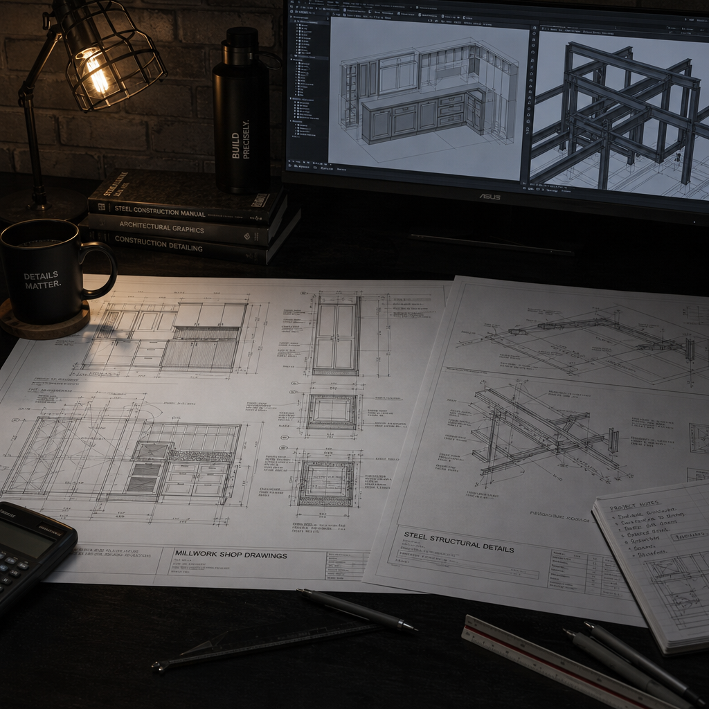 CAD millwork and steel detailing drawings on a workstation
